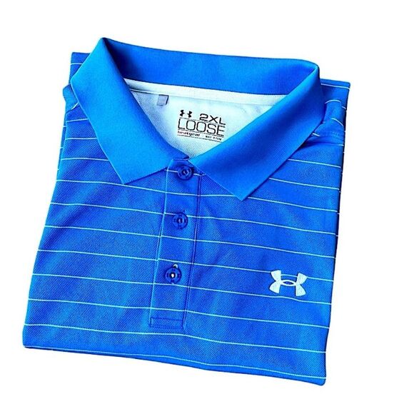 Under Armour Royal Blue Striped HeatGear Polo Shirt 2XL - Picture 1 of 11